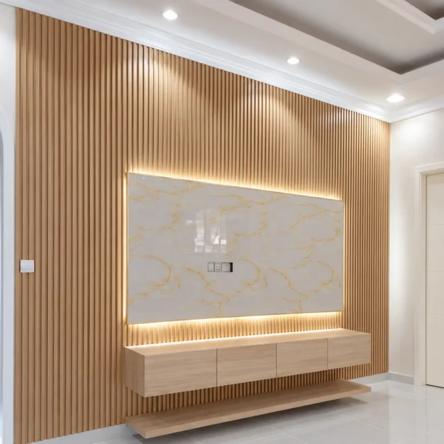 Marble-Effect TV Panel with Warm-Tone Slats — MJ Collection