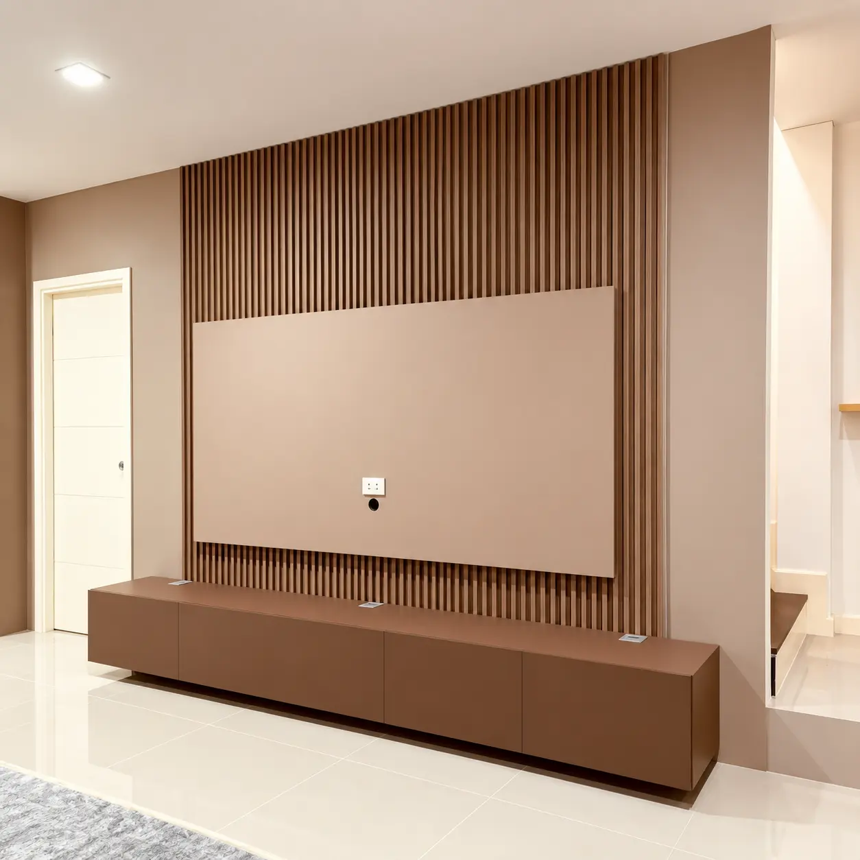 White TV Panel & Brown Floating Cabinet — MJ Collection 1 White TV Panel & Brown Floating Cabinet — MJ collection design reference