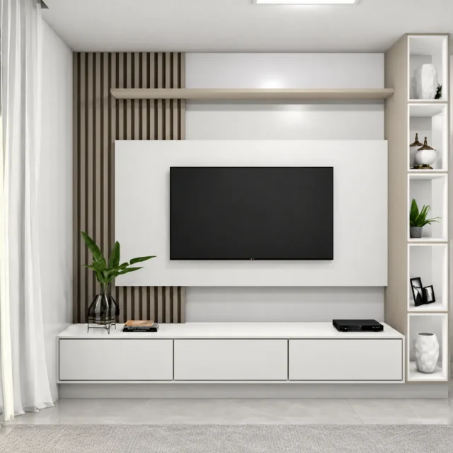 White Fitted TV Wall with Open Display Shelves — MJ collection design reference