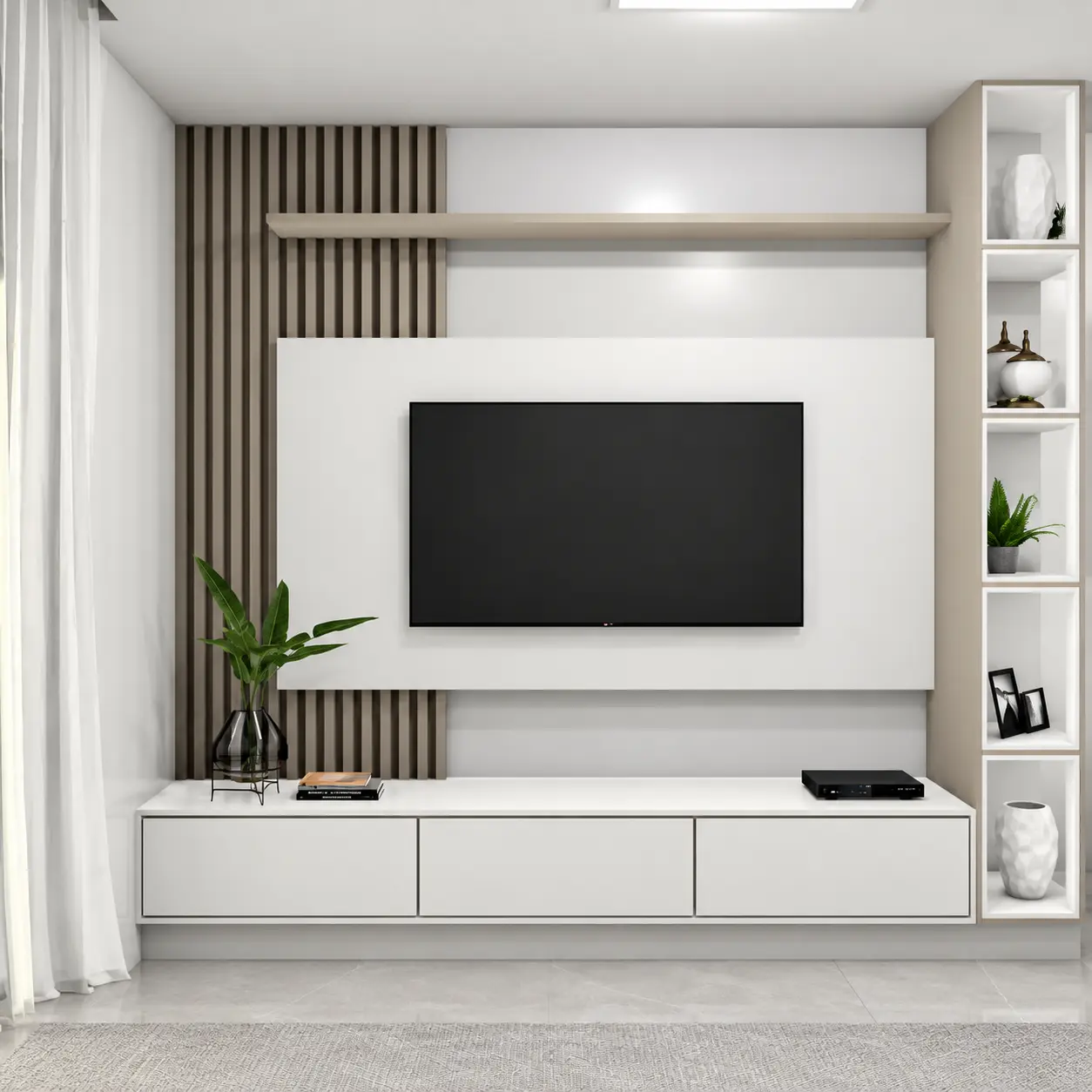 White Fitted TV Wall with Open Display Shelves — MJ Collection 1 White Fitted TV Wall with Open Display Shelves — MJ collection design reference
