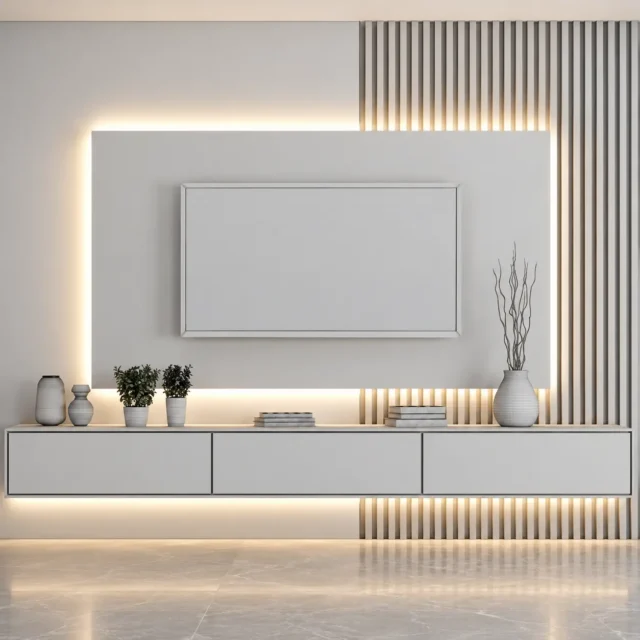 White Backlit TV Panel & Slatted Wall — MJ collection design reference