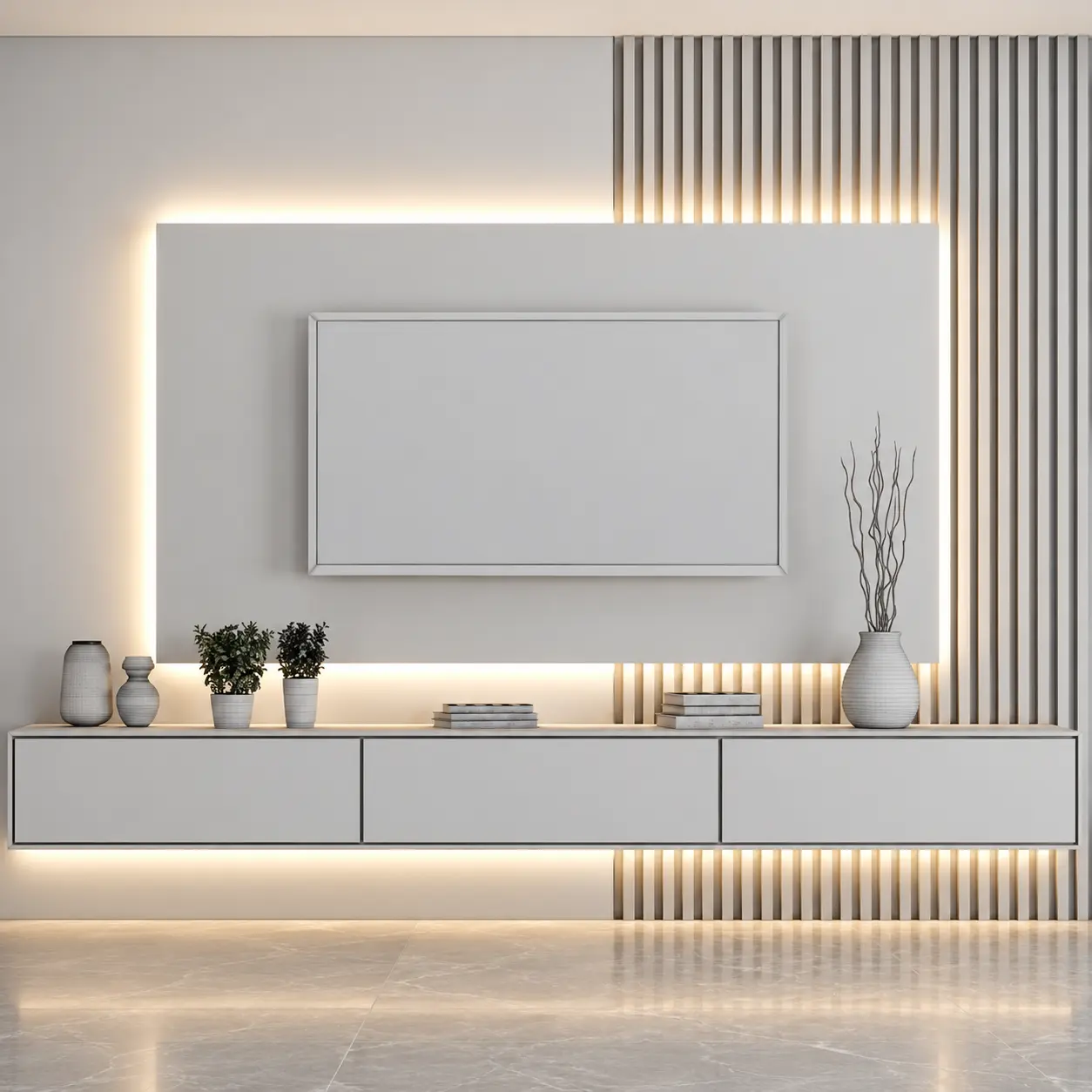 White Backlit TV Panel & Slatted Wall — MJ Collection 1 White Backlit TV Panel & Slatted Wall — MJ collection design reference