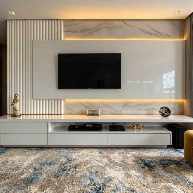 Minimal Grey TV Wall & Marble-Effect Console — MJ Collection
