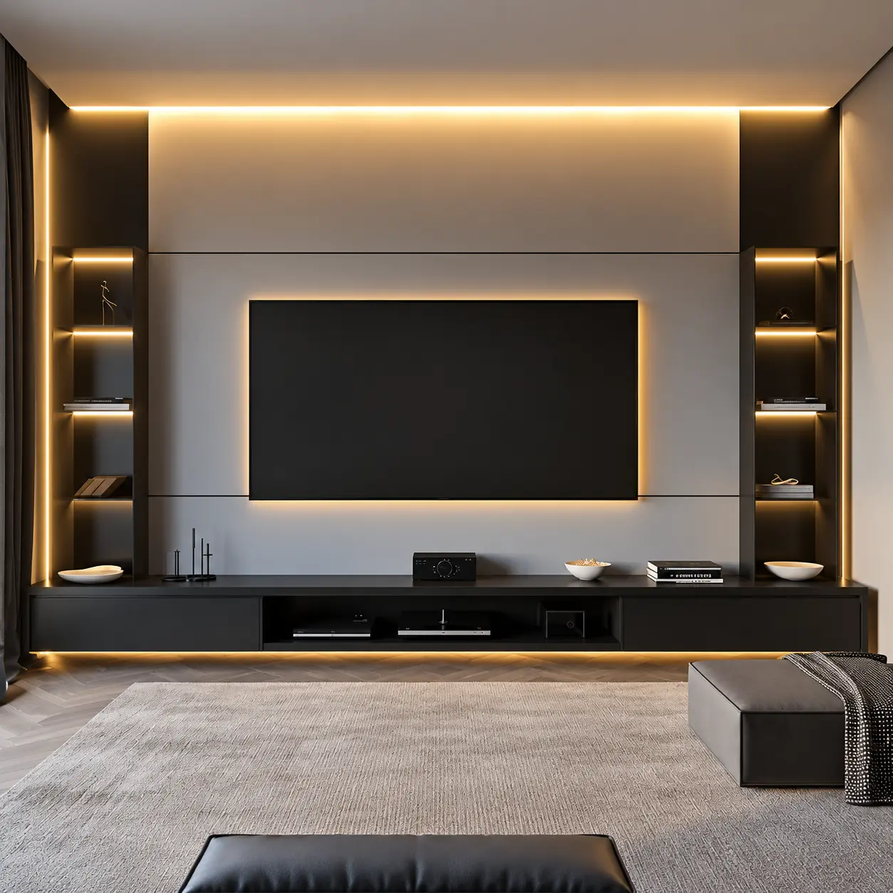 Dark Framed Media Wall with Backlit Shelving — MJ Collection 1 Dark Framed Media Wall with Backlit Shelving — MJ collection design reference