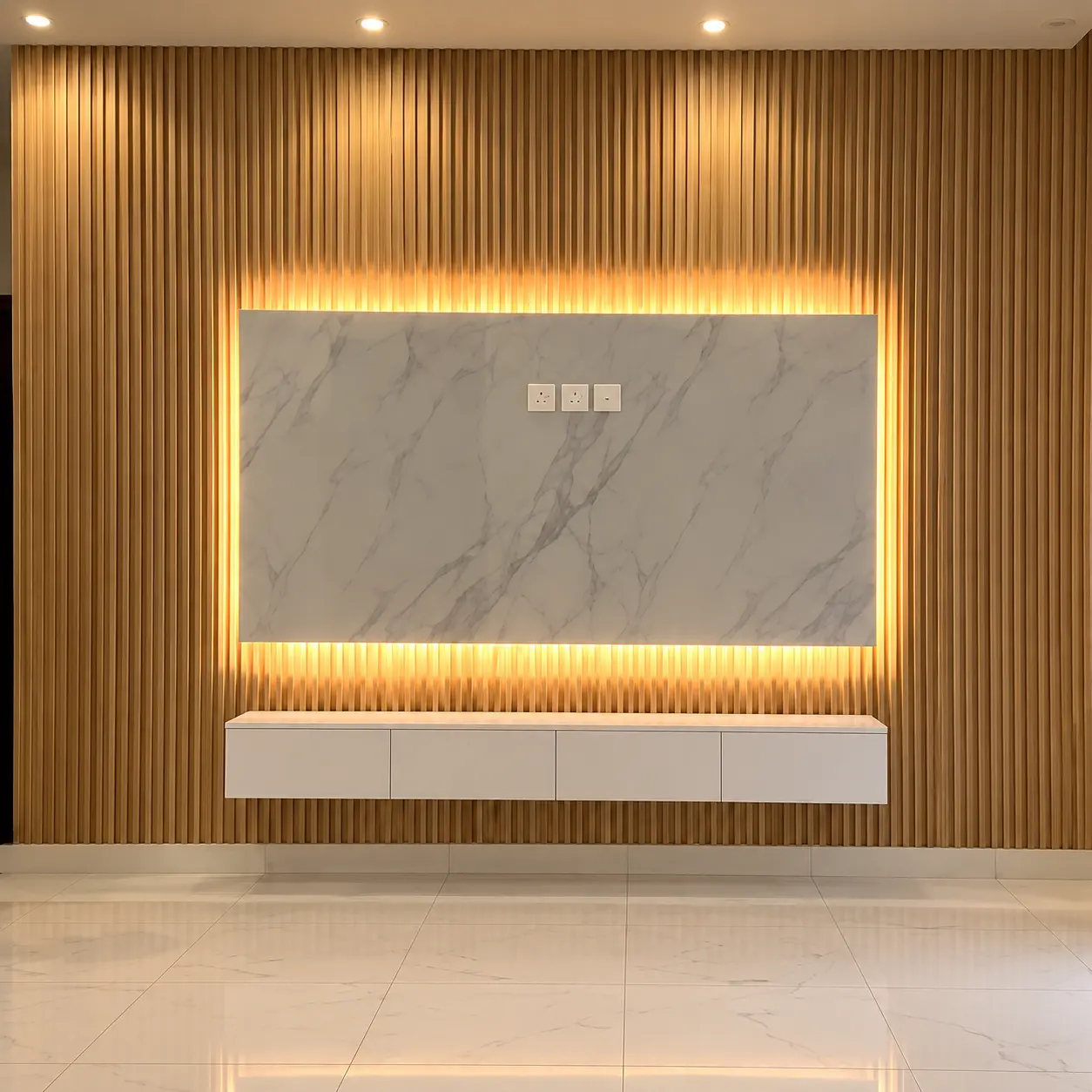 Full Timber-Tone Slatted Wall & Backlit TV Panel — MJ Collection 1 Full Timber-Tone Slatted Wall & Backlit TV Panel — MJ collection design reference