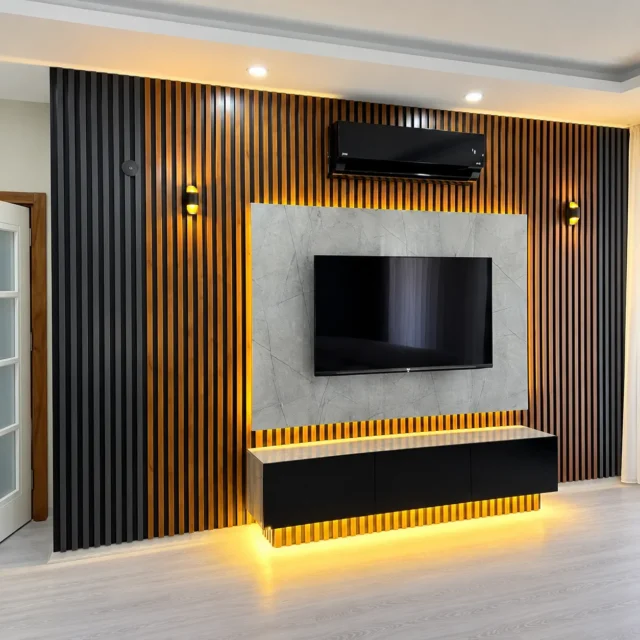 Full Slatted TV Wall & Dark Floating Cabinet — MJ Collection
