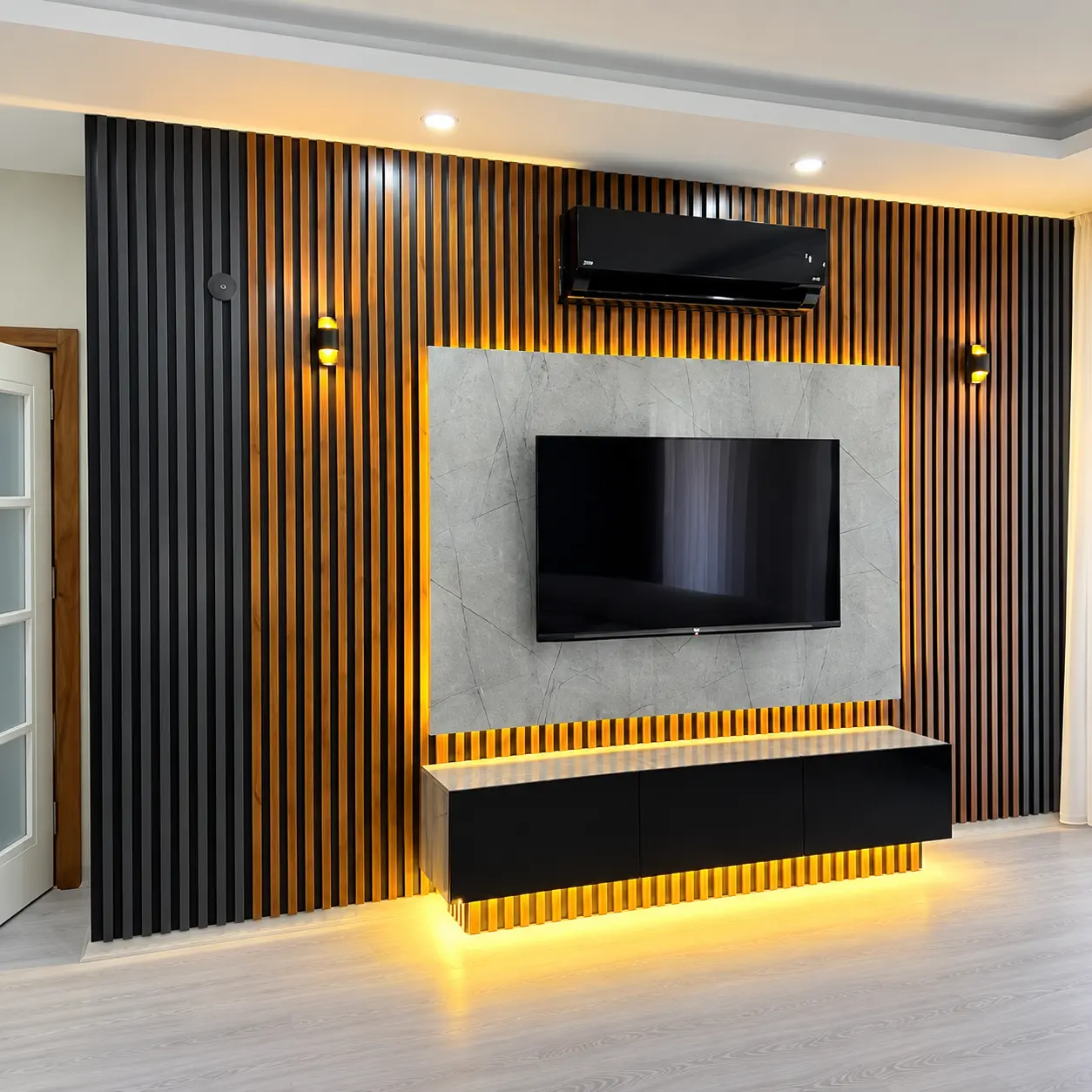 Full Slatted TV Wall & Dark Floating Cabinet — MJ Collection 1 Full Slatted TV Wall & Dark Floating Cabinet — MJ collection design reference