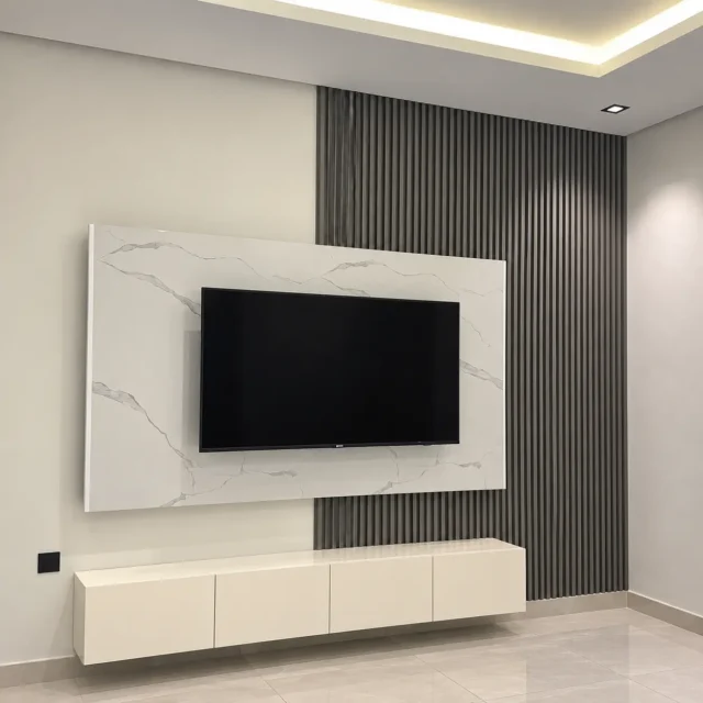 Minimal White TV Wall & Floating Console — MJ Collection