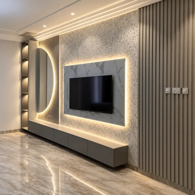 Marble-Effect TV Panel with Grey Slatted Frame — MJ Collection
