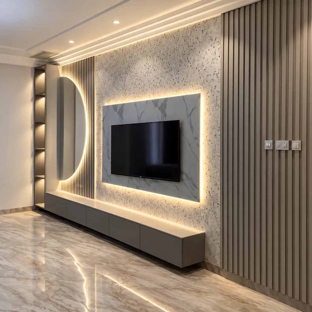 Marble-Effect TV Panel with Grey Slatted Frame — MJ Collection 1 Marble-Effect TV Panel with Grey Slatted Frame — MJ collection design reference