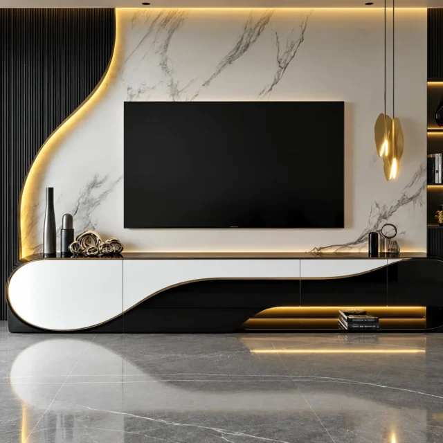 Black & White Curved Marble-Effect TV Wall — MJ Collection