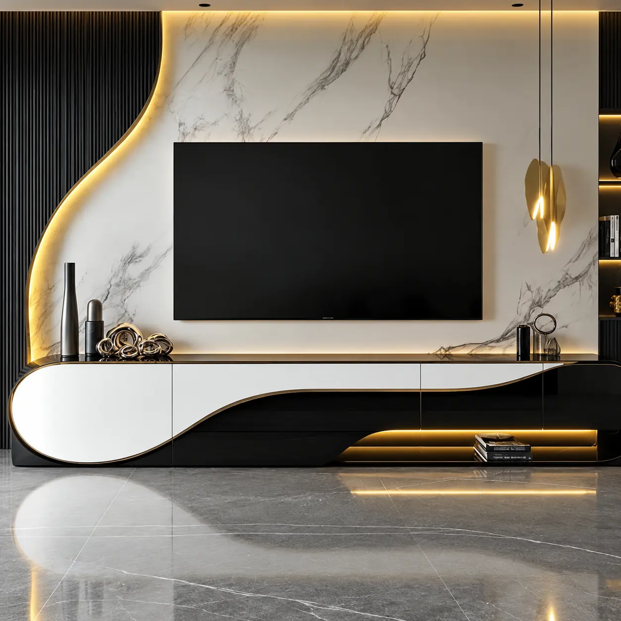 Black & White Curved Marble-Effect TV Wall — MJ Collection 1 Black & White Curved Marble-Effect TV Wall — MJ collection design reference
