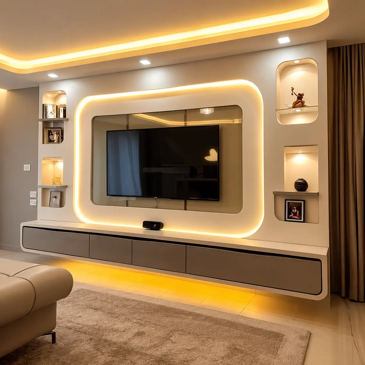 Rounded Backlit TV Wall with Mirrored Centre — MJ Collection 1 Rounded Backlit TV Wall with Mirrored Centre — MJ collection design reference