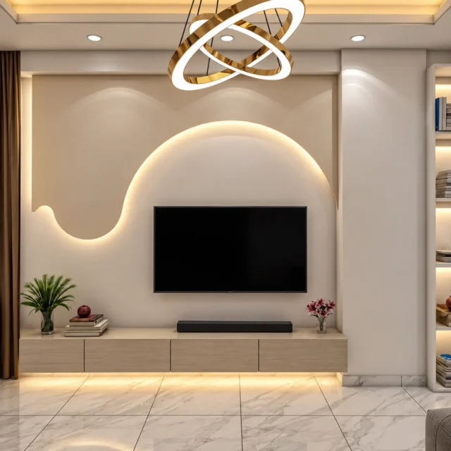 Wave TV Wall & Timber-Tone Floating Cabinet — MJ collection design reference