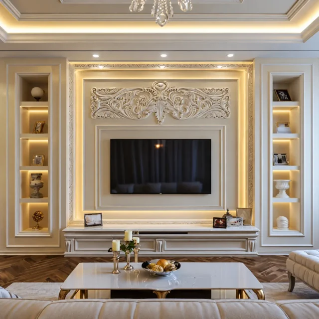 Classic Ornate TV Wall with Illuminated Shelves — MJ Collection