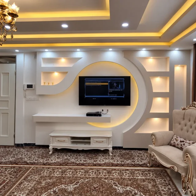 Circular Backlit TV Wall with Display Niches — MJ Collection