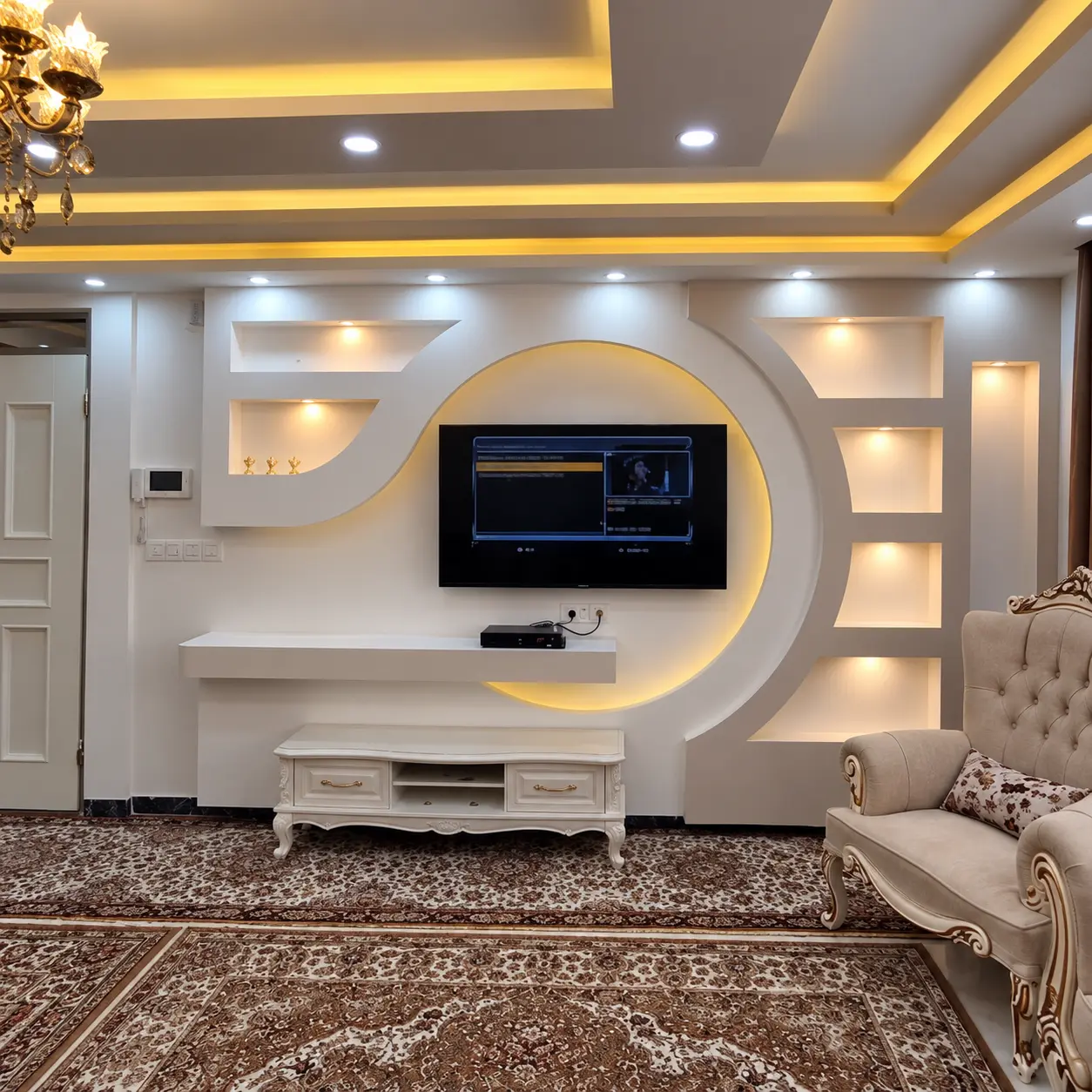 Circular Backlit TV Wall with Display Niches — MJ Collection 1 Circular Backlit TV Wall with Display Niches — MJ collection design reference