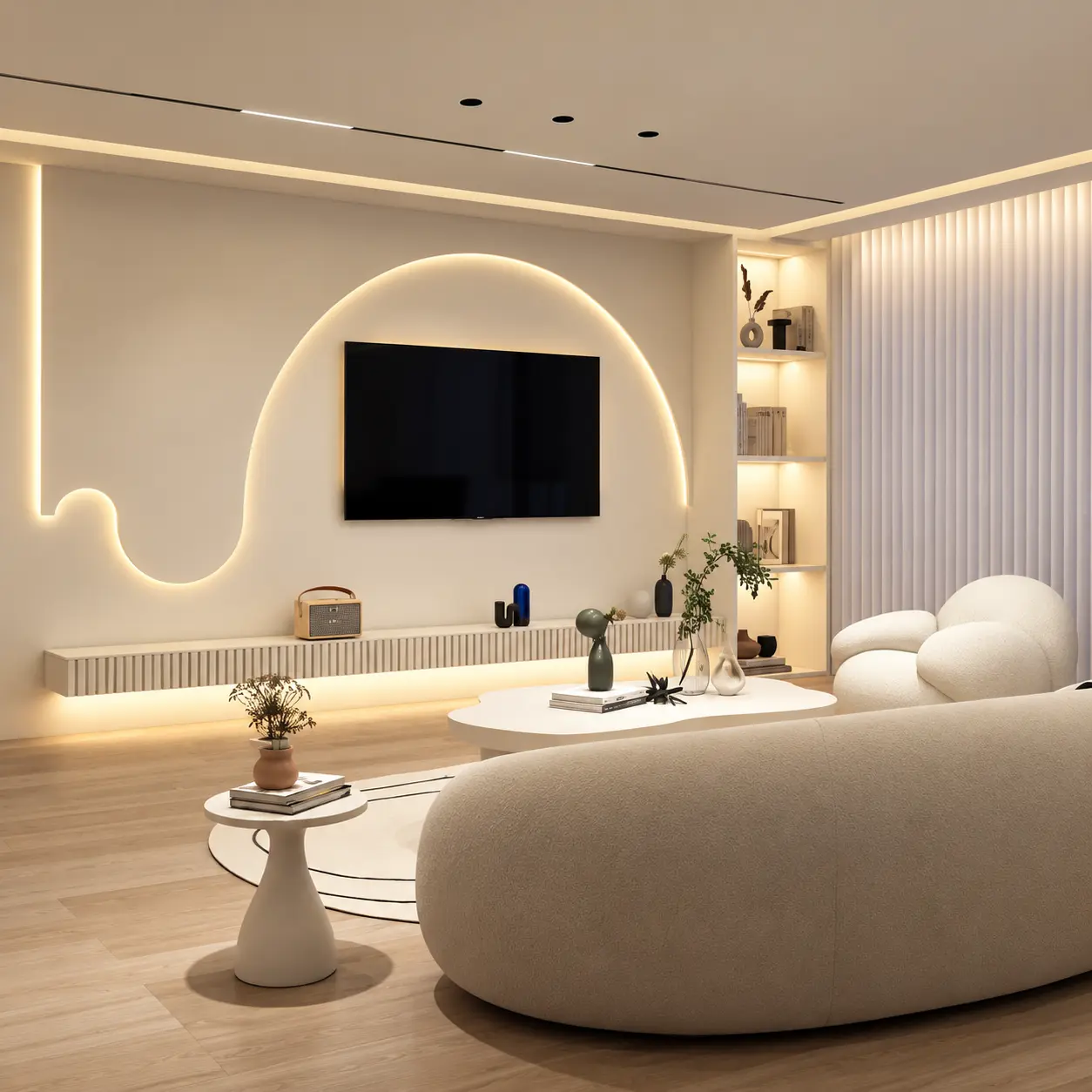Minimal Wave TV Wall & Fluted Floating Shelf — MJ Collection 1 Minimal Wave TV Wall & Fluted Floating Shelf — MJ collection design reference