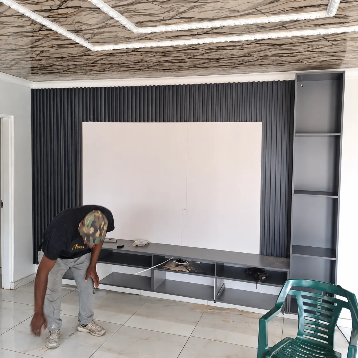 White TV Wall with Black Frame & Open Shelves — MJ Collection 1 White TV Wall with Black Frame & Open Shelves — MJ collection design reference