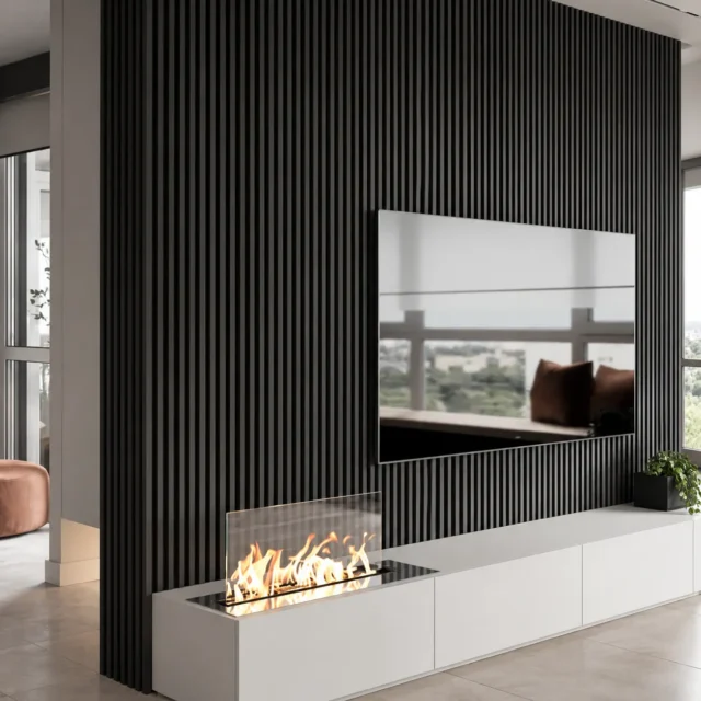 Black Slatted TV Wall & White Console with Hearth Detail — MJ Collection