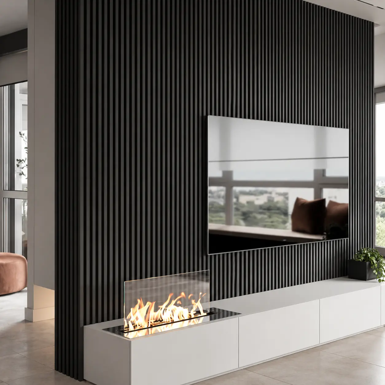 Black Slatted TV Wall & White Console with Hearth Detail — MJ Collection 1 Black Slatted TV Wall & White Console with Hearth Detail — MJ collection design reference