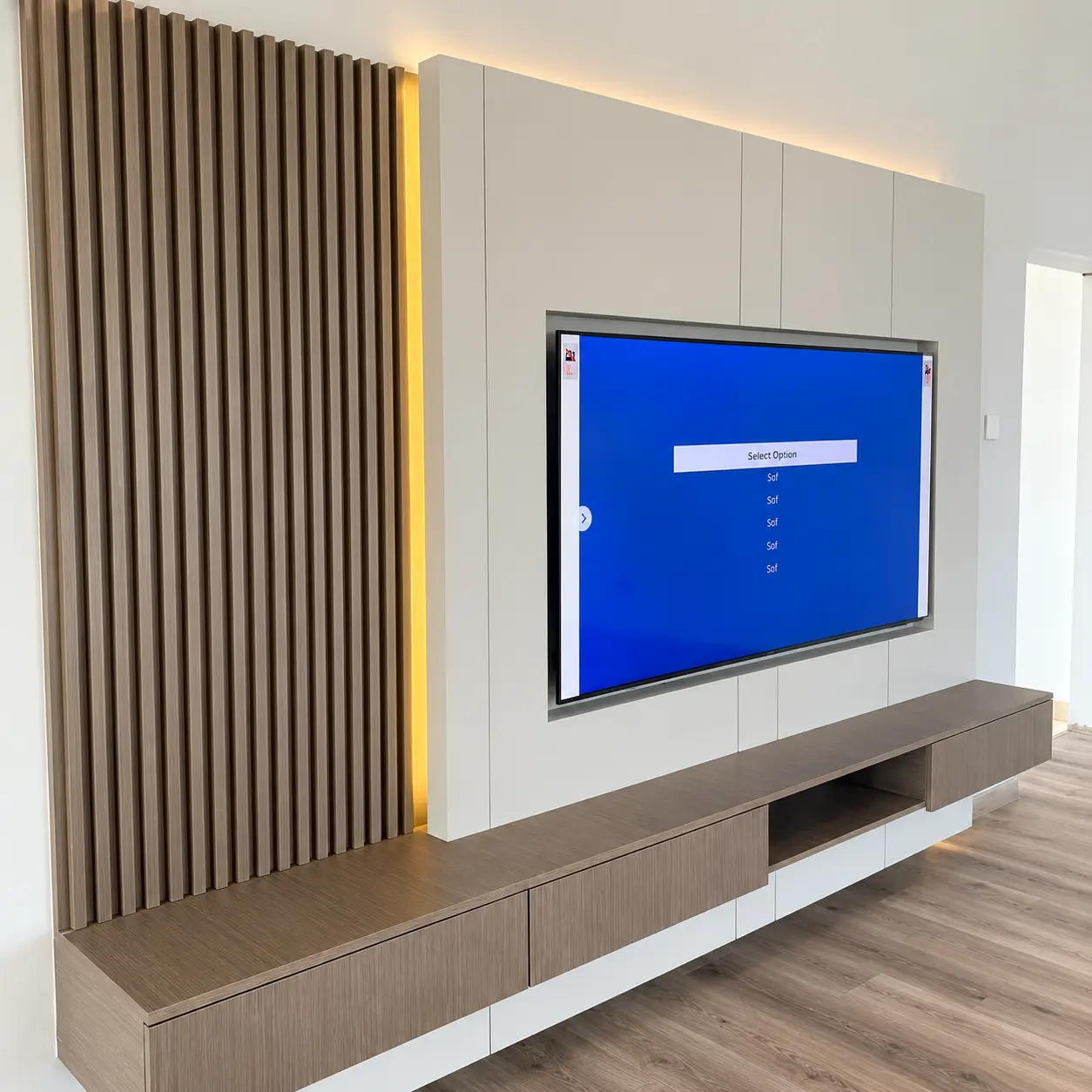 White Panel TV Wall & Timber-Tone AV Console — MJ Collection 1 White Panel TV Wall & Timber-Tone AV Console — MJ collection design reference