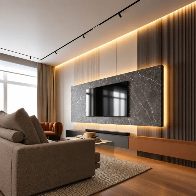 Wide Timber-Tone Slatted TV Wall — MJ collection design reference