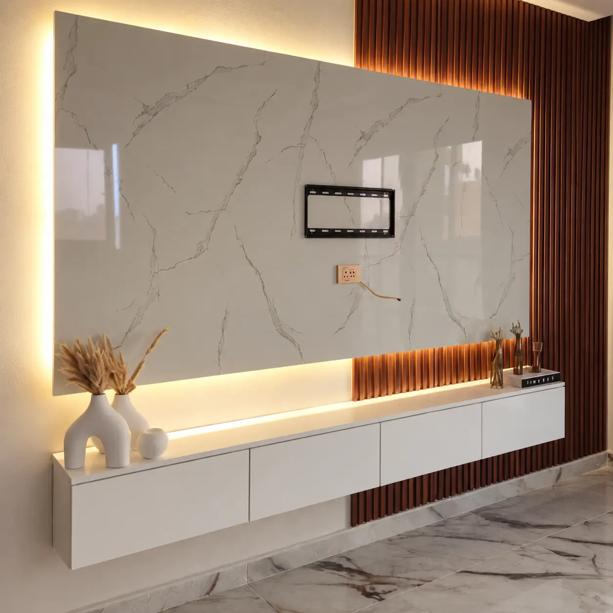 Backlit Marble-Effect TV Panel & Warm Slatted Wall — MJ Collection 1 Backlit Marble-Effect TV Panel & Warm Slatted Wall — MJ collection design reference