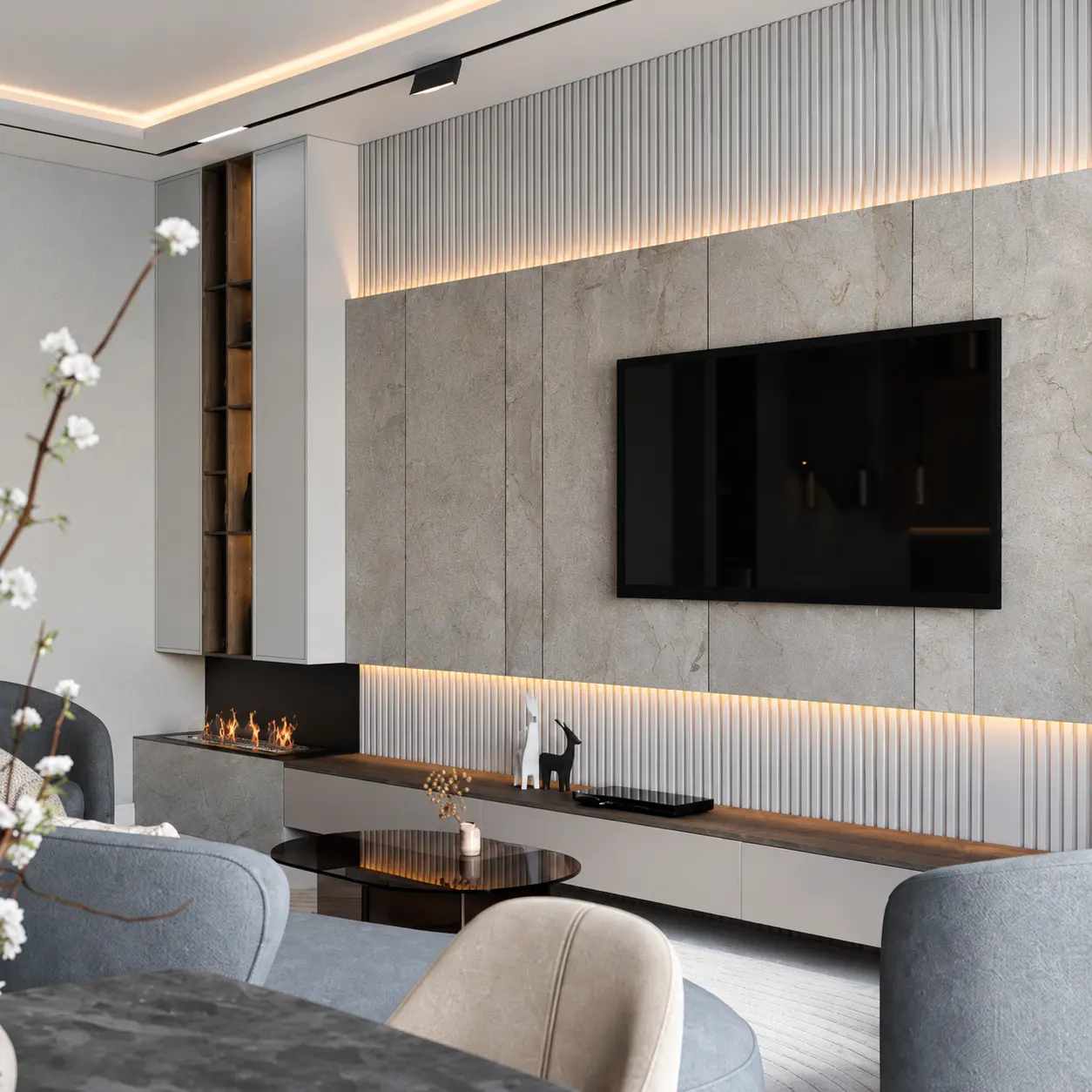 Stone-Effect TV Wall with Floating Console & Side Shelves — MJ Collection 1 Stone-Effect TV Wall with Floating Console & Side Shelves — MJ collection design reference