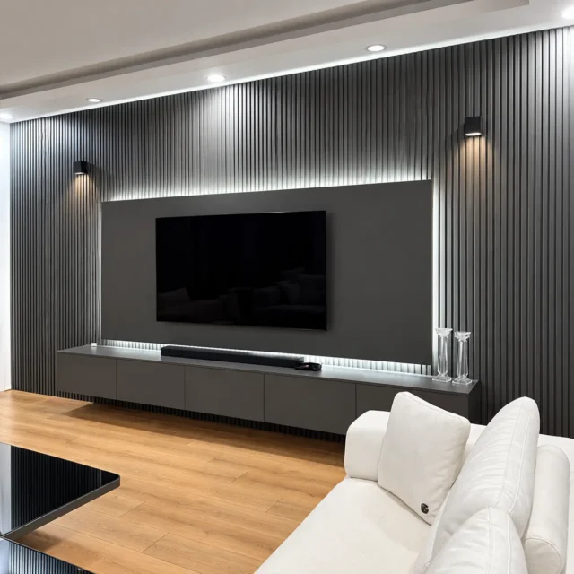 Dark Minimal TV Wall & Floating Cabinet — MJ Collection