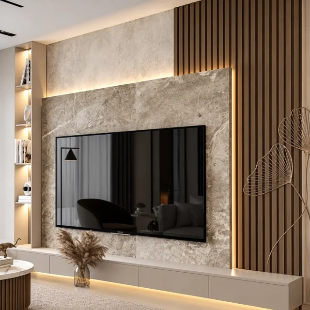 Stone-Effect TV Panel & Grey Media Wall — MJ Collection