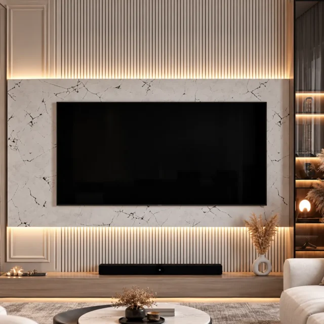 Marble-Effect TV Wall with Slim Slatted Panel — MJ Collection