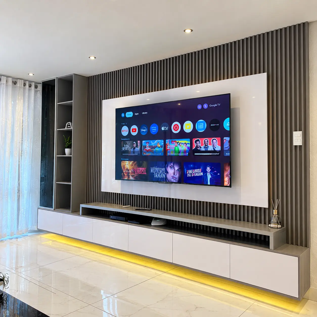 Grey Slatted TV Wall & Tall Display Cabinet — MJ Collection 1 Grey Slatted TV Wall & Tall Display Cabinet — MJ collection design reference
