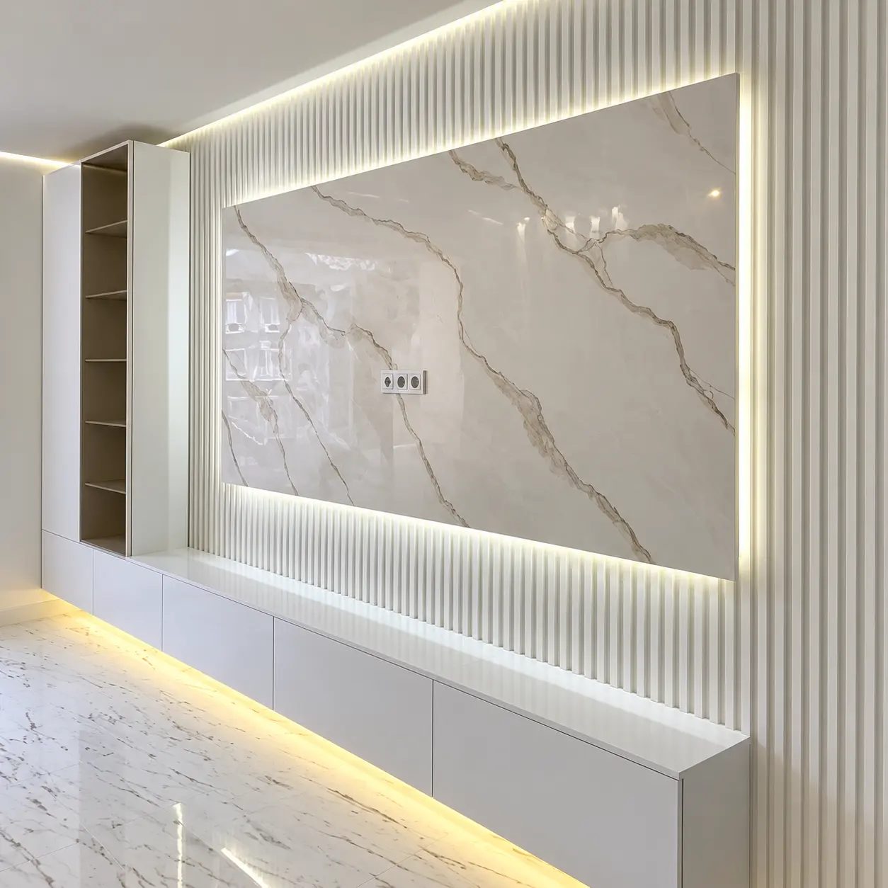 Layered White Backlit TV Wall — MJ Collection 1 Layered White Backlit TV Wall — MJ collection design reference