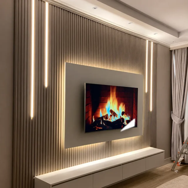 Grey TV Wall with Vertical LED Strips — MJ Collection