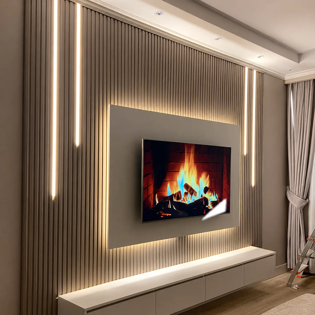 Grey TV Wall with Vertical LED Strips — MJ Collection 1 Grey TV Wall with Vertical LED Strips — MJ collection design reference