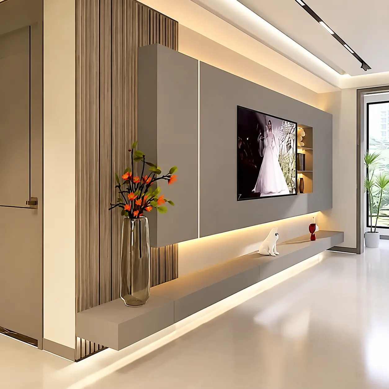 Asymmetric Grey TV Wall & Floating Shelf — MJ Collection 1 Asymmetric Grey TV Wall & Floating Shelf — MJ collection design reference