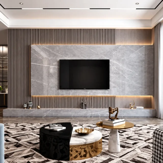 Marble-Effect Feature Wall & White TV Cabinet — MJ Collection