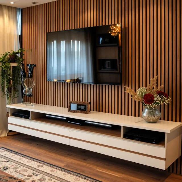 Timber-Tone Slatted TV Wall & White AV Console — MJ Collection