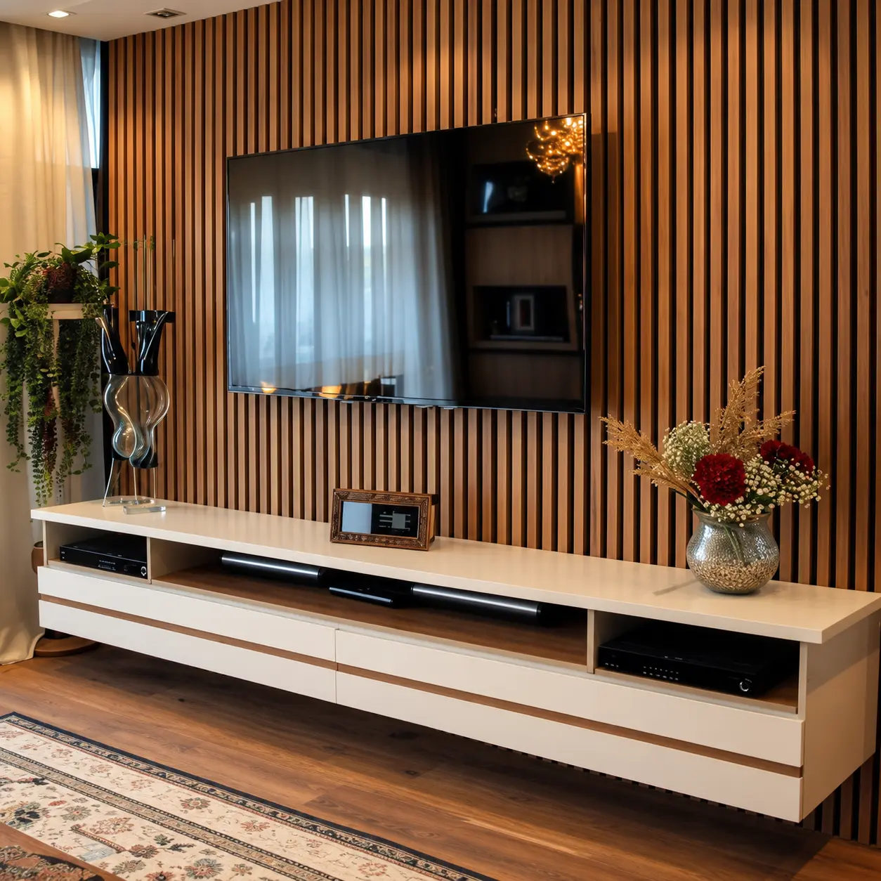 Timber-Tone Slatted TV Wall & White AV Console — MJ Collection 1 Timber-Tone Slatted TV Wall & White AV Console — MJ collection design reference