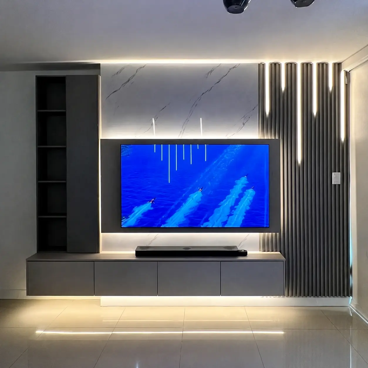 Grey Media Wall with Illuminated Slats & Display Shelves — MJ Collection 1 Grey Media Wall with Illuminated Slats & Display Shelves — MJ collection design reference