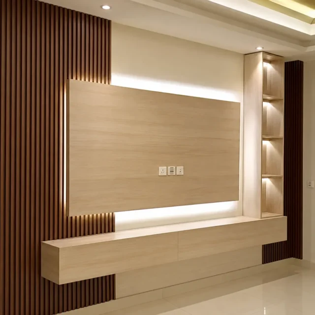 Timber-Tone TV Panel & Illuminated Side Shelves — MJ Collection