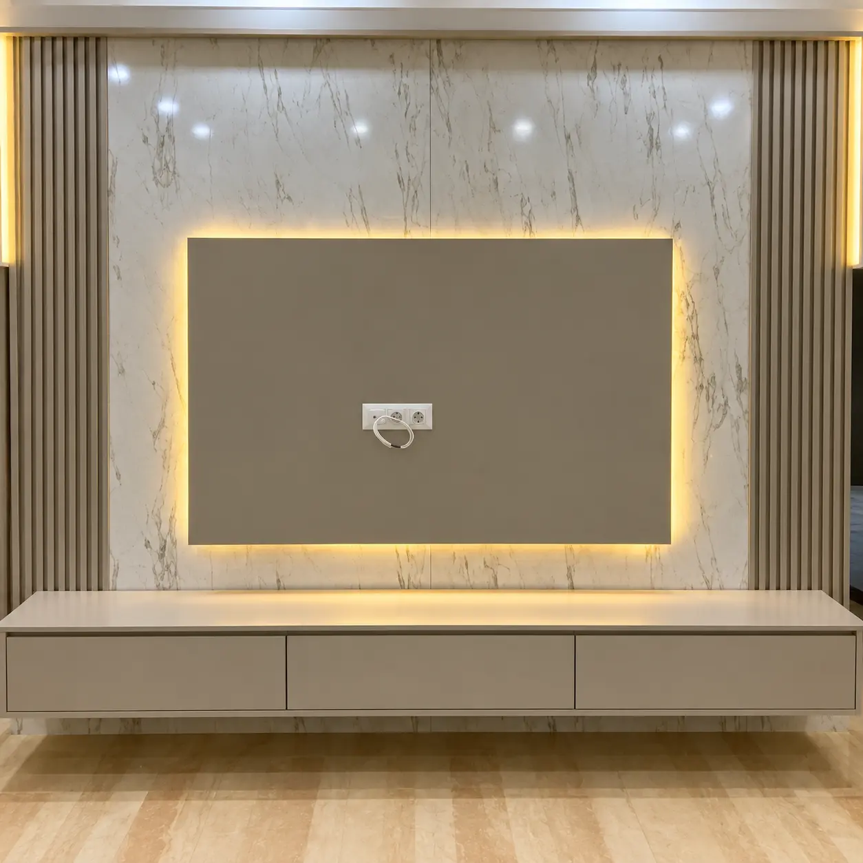 Grey TV Panel with Gold-Tone Illuminated Border — MJ Collection 1 Grey TV Panel with Gold-Tone Illuminated Border — MJ collection design reference