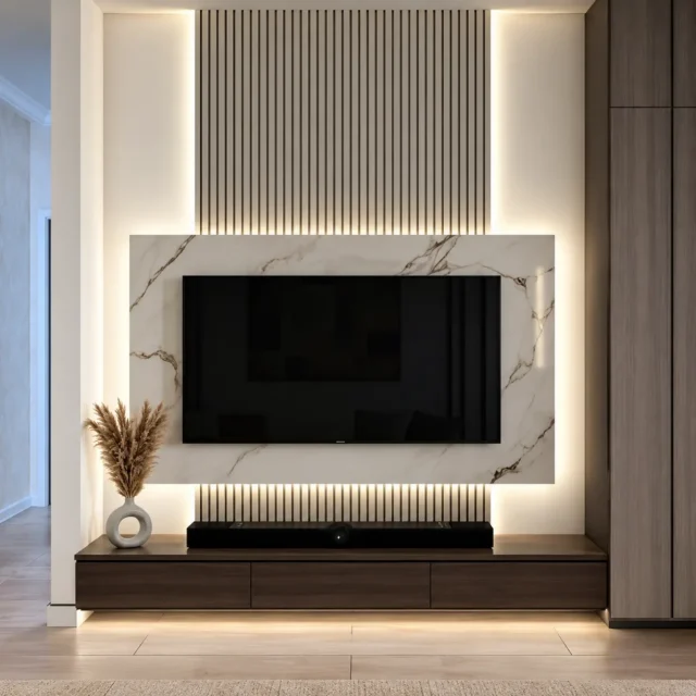 Marble-Effect Framed TV Wall & White Slats — MJ Collection