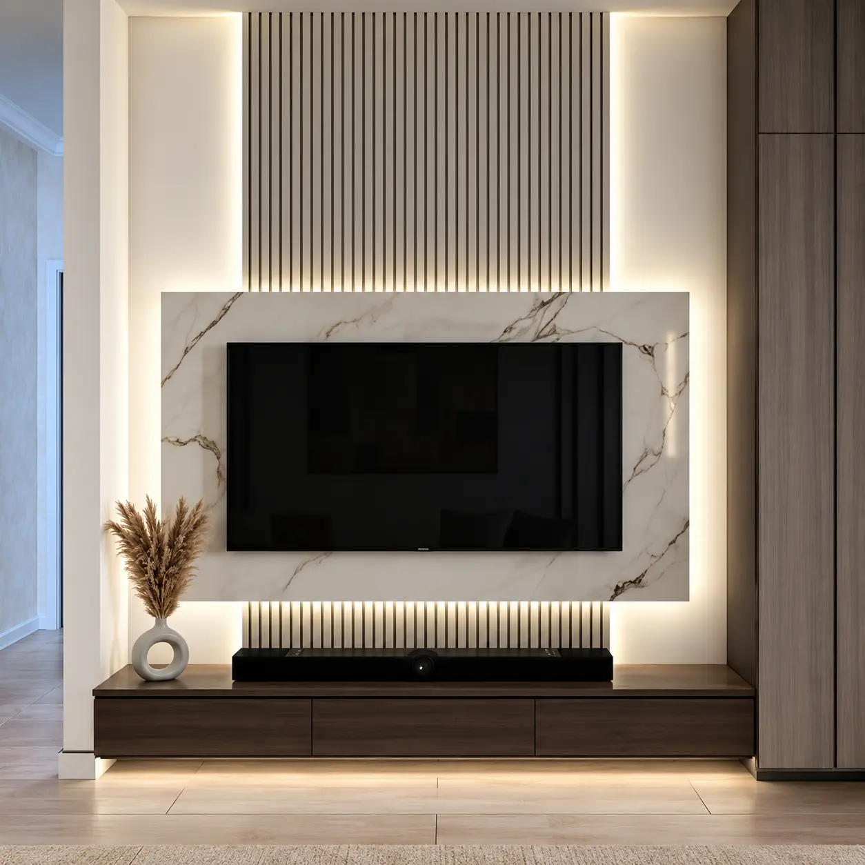Marble-Effect Framed TV Wall & White Slats — MJ Collection 1 Marble-Effect Framed TV Wall & White Slats — MJ collection design reference
