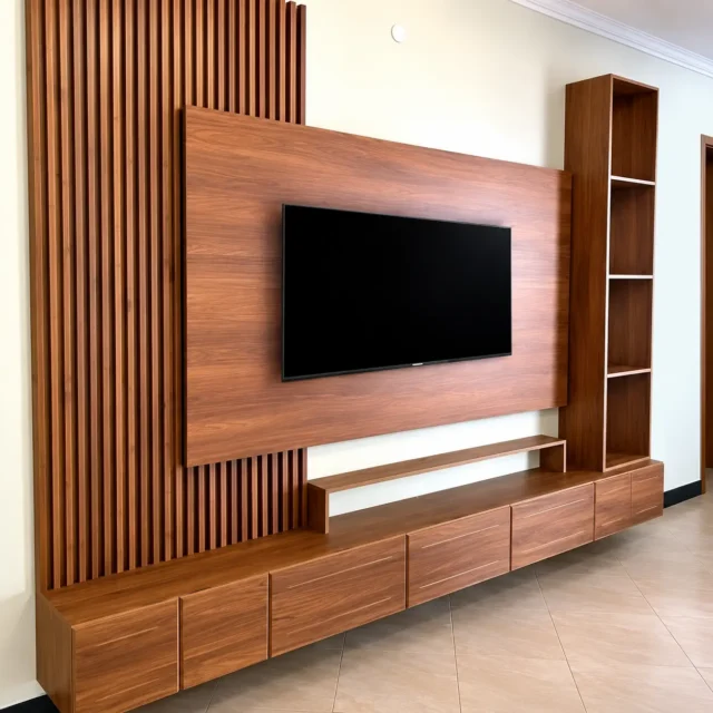 Warm Timber-Tone TV Wall with Slats — MJ Collection