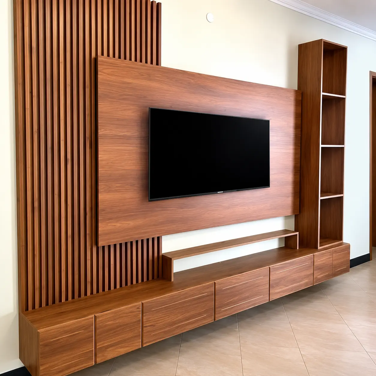 Warm Timber-Tone TV Wall with Slats — MJ Collection 1 Warm Timber-Tone TV Wall with Slats — MJ collection design reference