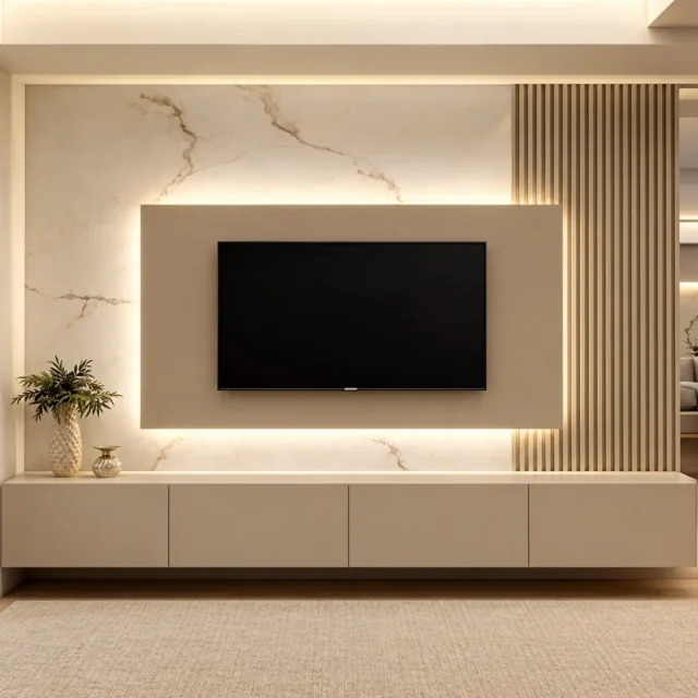 Backlit Neutral TV Panel & Marble-Effect Feature Wall — MJ collection design reference