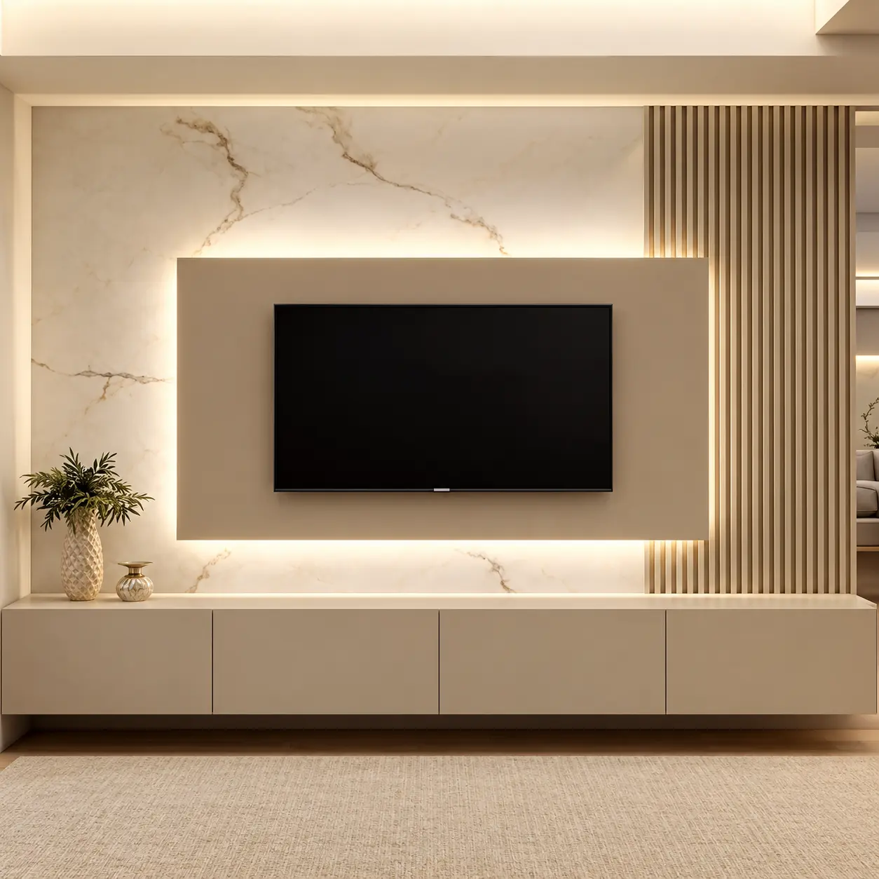 Backlit Neutral TV Panel & Marble-Effect Feature Wall — MJ Collection 1 Backlit Neutral TV Panel & Marble-Effect Feature Wall — MJ collection design reference