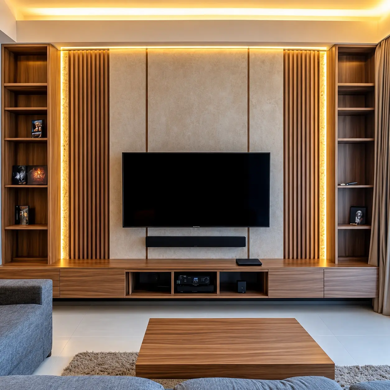 Timber-Tone Media Wall with Twin Display Cabinets — MJ Collection 1 Timber-Tone Media Wall with Twin Display Cabinets — MJ collection design reference